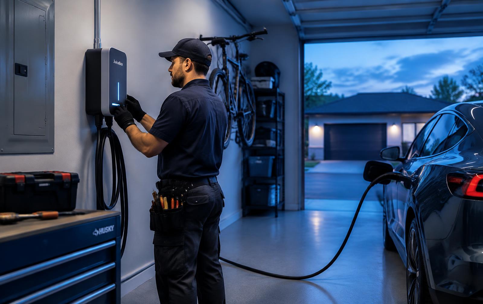 Electrician installing a home EV charger